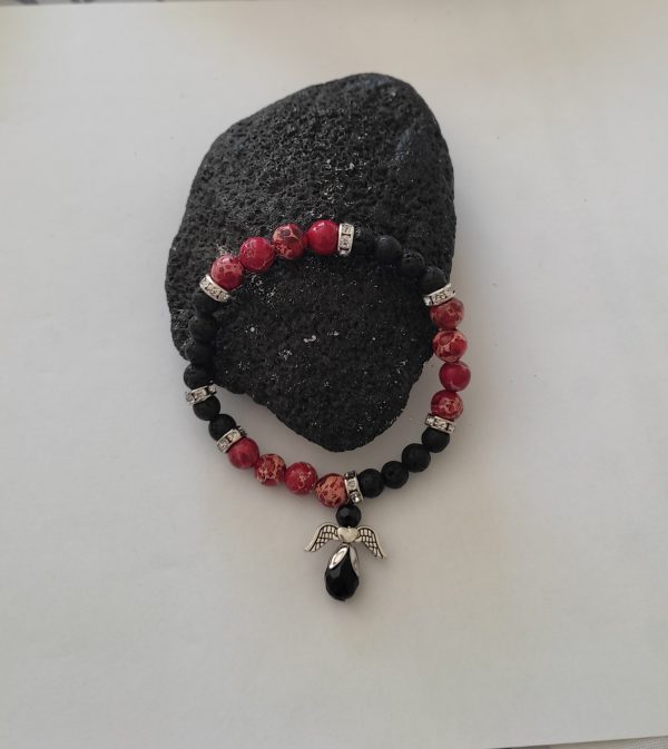 bracelet en jaspe impérial,pierre de lave et ange en cristal